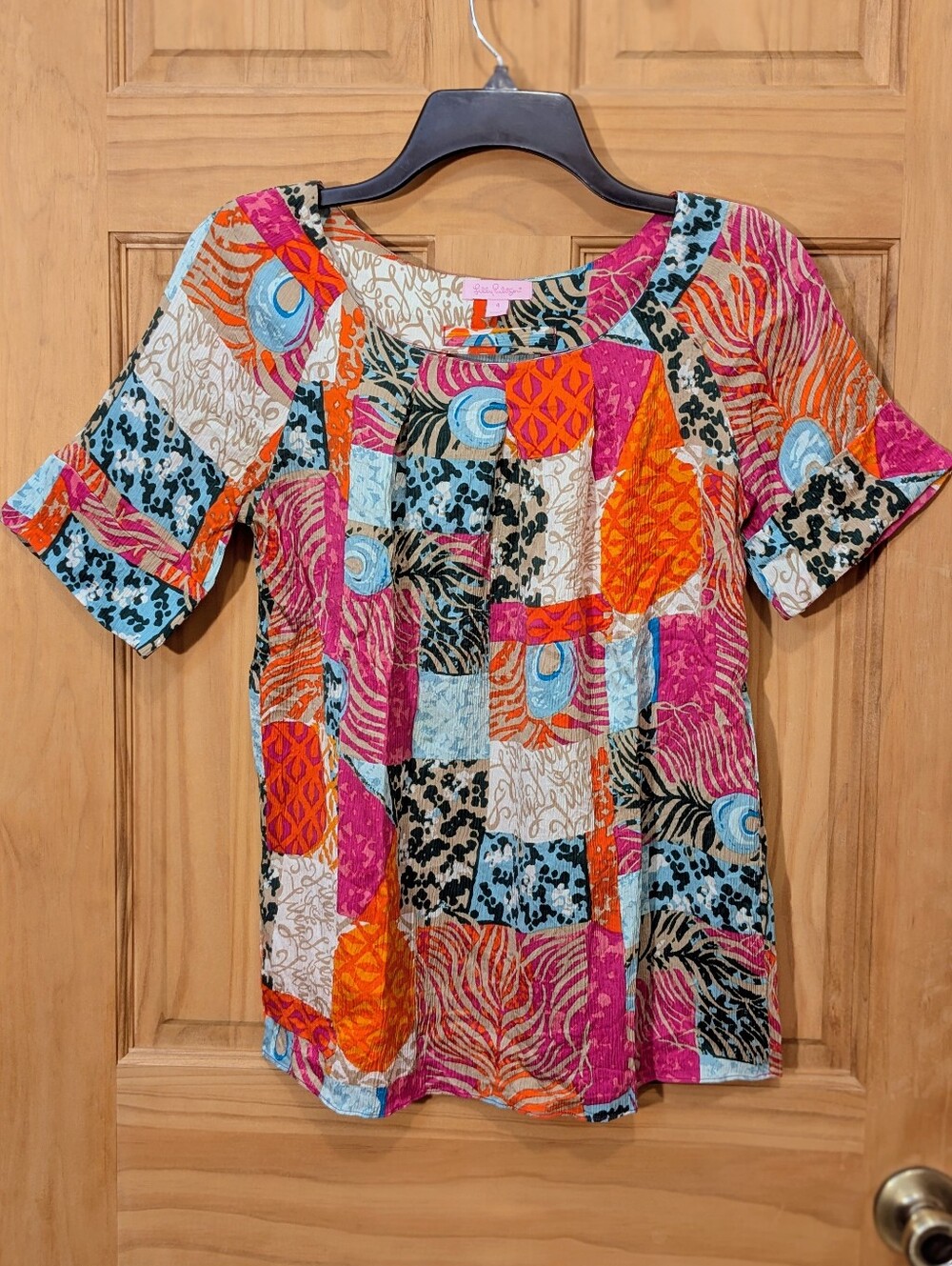 Lilly Pulitzer Keating Top Silk Patchwork Block Print Preppy Summer Vibrant Sz 4
